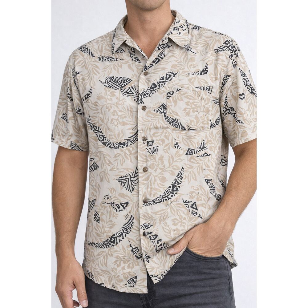 Island Republic Hawaiian Shirt Mens XL Beige Tribal Floral Short Sleeve